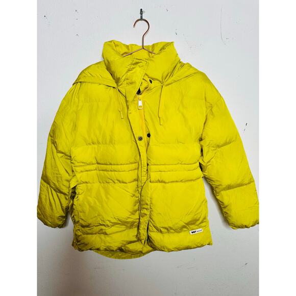 OOF Neon Yellow Nylon 100% Polyester High Neck Tie Front Puffer Coat size 40 - Picture 4 of 16